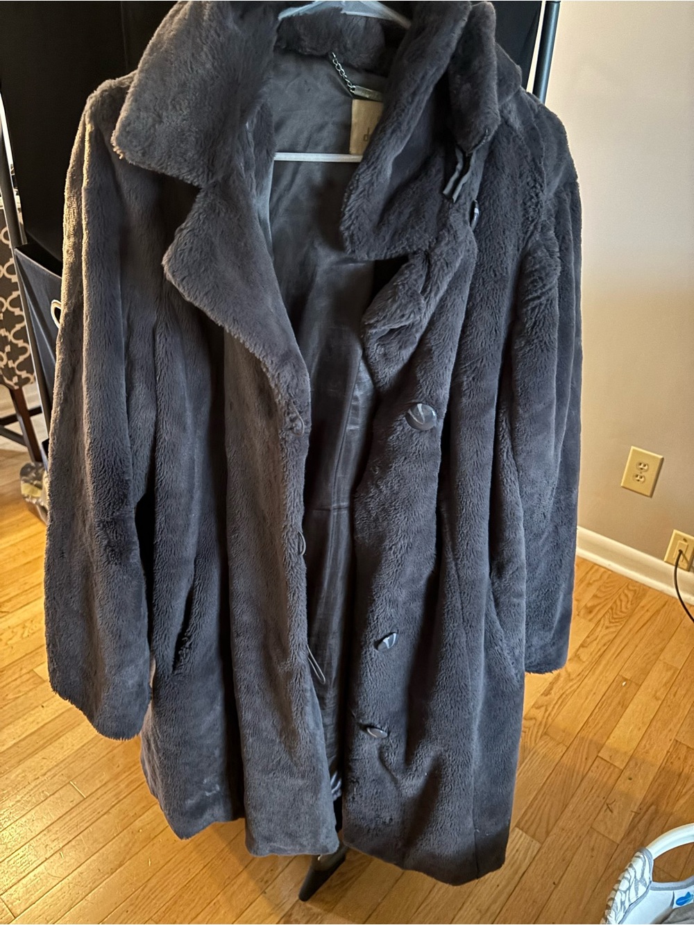 dennis basso Charcoal Gray Plush Faux Fur Coat